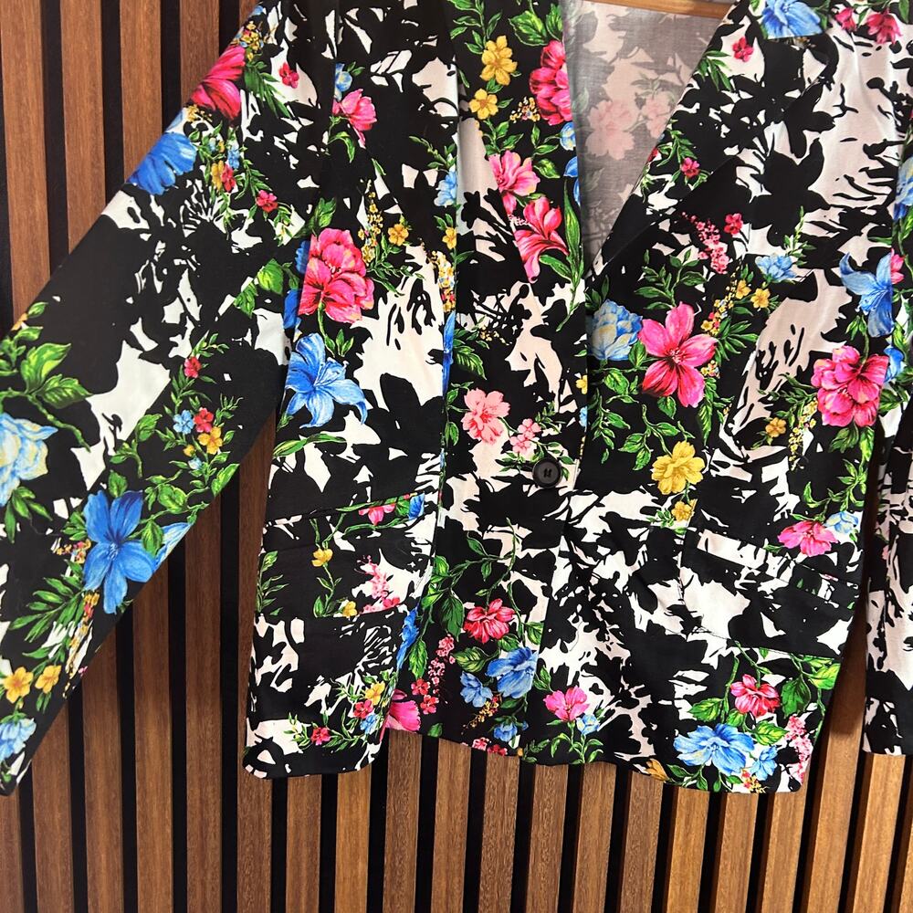 Floral Blazer Large Black White Pink Blue Stretch Statement Jacket Snazzy 90's - Picture 11 of 12